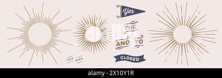 Set vintage. Sunburst, raggio di luce solare Illustrazione Vettoriale