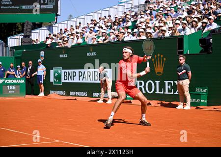 Roquebrune Cap Martin, Francia. 13 aprile 2024. Stefanos Tsitsipas durante il Rolex Monte-Carlo ATP Masters 1000 tennis il 13 aprile 2024 al Monte Carlo Country Club di Roquebrune Cap Martin, in Francia vicino a Monaco. Foto Victor Joly/DPPI credito: DPPI Media/Alamy Live News Foto Stock