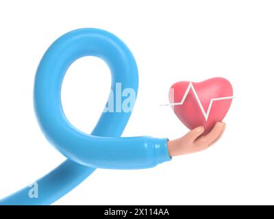 rendering 3d. Icona frequenza cardiaca medica. Mano del cartoni animati del medico o del cardiologo che tiene il cuore con la linea della carta. Illustrazione sanitaria. Concetto di braccia lunghe. Foto Stock