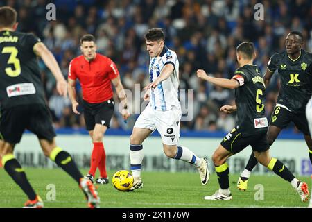 San Sebastian, Spagna. 14 aprile 2024. Ander Barrenetxea (Sociedad) calcio: Partita spagnola "LaLiga EA Sports" tra Real Sociedad 2-2 UD Almeria alla reale Arena di San Sebastian, Spagna. Crediti: Mutsu Kawamori/AFLO/Alamy Live News Foto Stock