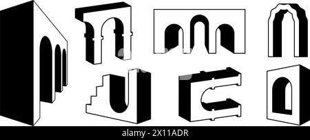 Insieme di archi surreali lineari in prospettiva. Delinea una divertente collezione di elementi geometrici. Navata 3d, arco, cancello, fascio cupola. Pacchetto di forme trippy per collage, poster, striscioni, adesivi. Pacchetto grafica vettoriale Illustrazione Vettoriale