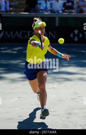 Amelia Island, Florida, Stati Uniti. 13 aprile 2024. Lesia Tsurenko dell'Ucraina colpisce in prima linea contro Jaqueline Cristian della Romania nella quarta partita della qualificazione Billie Jean King Cup ad Amelia Island, Florida. Cristian ha battuto in finale 2-6, 6-4, 6-4. Ucraina e Romania sono pareggiate con 2 partite ciascuna dopo questo risultato. (Credit Image: © Richard Dole/ZUMA Press Wire) SOLO PER USO EDITORIALE! Non per USO commerciale! Foto Stock