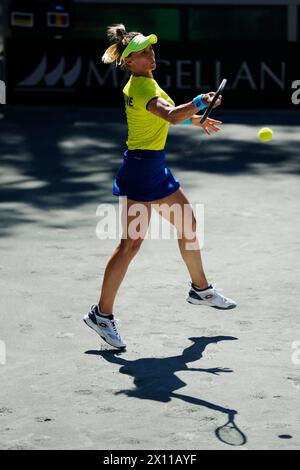 Amelia Island, Florida, Stati Uniti. 13 aprile 2024. Lesia Tsurenko dell'Ucraina colpisce in prima linea contro Jaqueline Cristian della Romania nella quarta partita della qualificazione Billie Jean King Cup ad Amelia Island, Florida. Cristian ha battuto in finale 2-6, 6-4, 6-4. Ucraina e Romania sono pareggiate con 2 partite ciascuna dopo questo risultato. (Credit Image: © Richard Dole/ZUMA Press Wire) SOLO PER USO EDITORIALE! Non per USO commerciale! Foto Stock