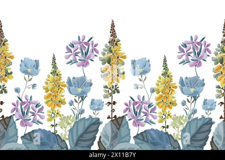 Motivo floreale vettoriale senza cuciture, bordo. Fiori blu e gialli Illustrazione Vettoriale