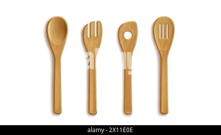 Set 3D di utensili da cucina in legno isolati su sfondo bianco. Illustrazione vettoriale realistica di cucchiaio giallo e spatola, stoviglie riutilizzabili in materiale organico, utensili per la cucina dei ristoranti Illustrazione Vettoriale