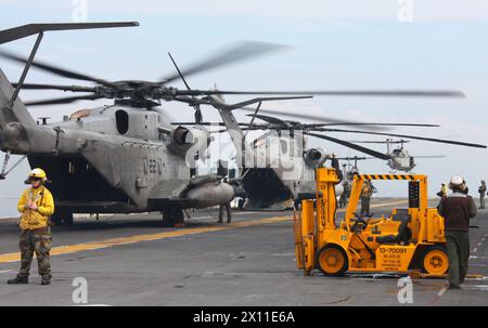 CH-53E Super Stallions e UH-1N Hueys del Marine Heavy Helicopter Squadron 461 (rinforzato), 22nd Marine Expeditionary Unit, si preparano a decollare per sollevare il primo gruppo di personale per la loro missione ad Haiti, 19 gennaio 2010. Foto Stock