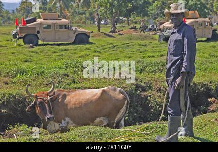 Un uomo haitiano locale fa una breve pausa mentre i Marines del Battalion Landing Team, 3rd Battalion, 2nd Marine Regiment, 22nd Marine Expeditionary Unit, conducono missioni di rifornimento di cibo e acqua in un pascolo di mucche vicino a Leogane, Haiti, 22 gennaio 2010. Il 22° MEU ha condotto varie missioni umanitarie nella zona dal 19 gennaio. Foto Stock