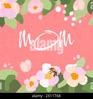 Happy Mothers Day Frame fiori tradizionali ramo di mele modello rosa Mamma auguri di Natale texture petali rosa disegnati a mano foglie verdi illustrazione vettoriale Illustrazione Vettoriale