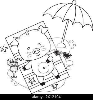 Happy Beach piglet prendisole e riposante sotto l'ombrellone. Carino cartone animato animato. Disegno al tratto, libro da colorare. Illustrazione vettoriale Illustrazione Vettoriale