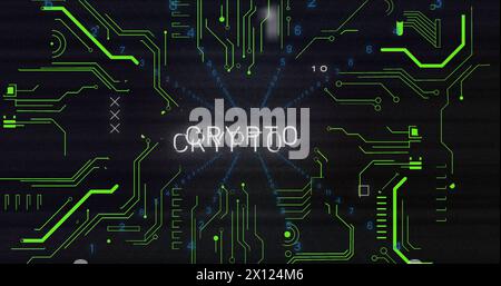 Immagine di testo cripto con numeri variabili e schema della scheda a circuiti stampati su sfondo nero Foto Stock