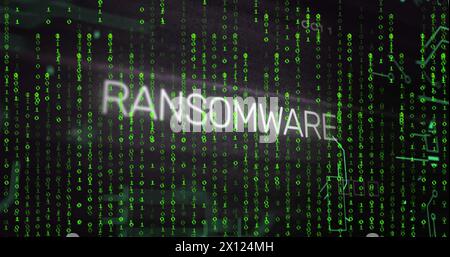 Immagine del testo ransomware con schema della scheda a circuito stampato su codici binari su sfondo nero Foto Stock