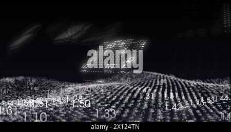 Immagine dell'elaborazione dei dati finanziari e della codifica binaria su sfondo nero Foto Stock