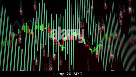Immagine dell'elaborazione dei dati finanziari e della codifica binaria su sfondo nero Foto Stock