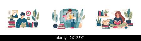 Set di persone illustrazioni vettoriali che leggono il libro. Uomini e donne leggono letteratura di diversi generi a casa, gli studenti studiano da libri di testo. Cartone animato Illustrazione Vettoriale