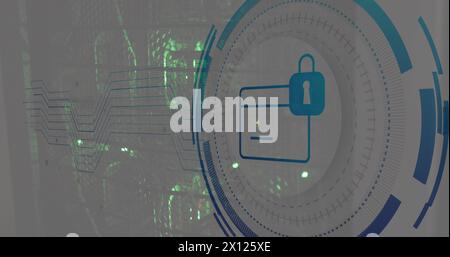Immagine del lucchetto e dell'icona della scheda in cerchio sui sistemi server dati Foto Stock
