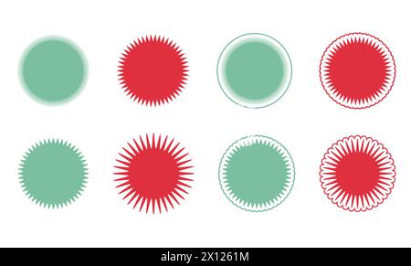 Set di stelle vettoriali, icone di raggi solari senza contorno e con contorno, angoli morbidi. Colorato su bianco. Semplici etichette e adesivi vintage in stile piatto. Desig Illustrazione Vettoriale