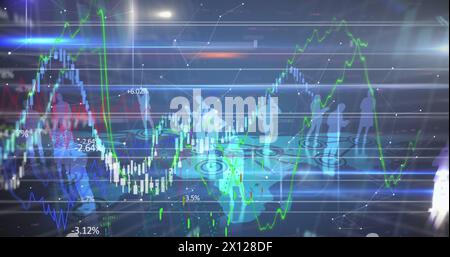 Immagine di grafici, trading board, numeri e riflessi delle lenti sulle rappresentazioni umane sulla mappa Foto Stock