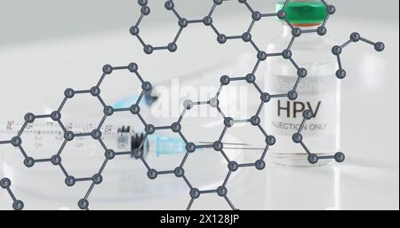 Modello di struttura molecolare sulla siringa e sul flaconcino di vaccino hpv Foto Stock