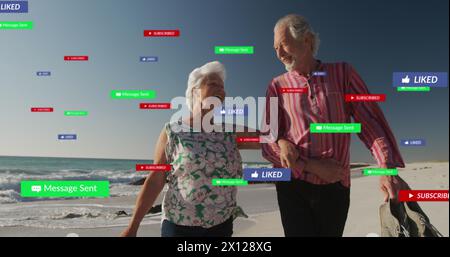 Immagine del testo dei social media e delle icone di una coppia caucasica anziana sulla spiaggia Foto Stock