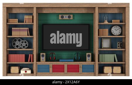 Elegante centro d'intrattenimento in legno d'epoca con schermo tv vuoto, libri e arredamento isolato sul bianco - rendering 3d. Foto Stock