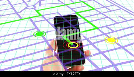 Schema della linea della mappa di navigazione in base al primo piano della mano di una persona utilizzando uno smartphone Foto Stock