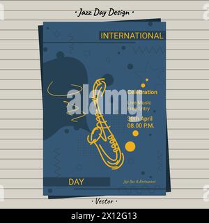 Jazz Day, festa internazionale del jazz, feste promozionali per la musica saldi annunci volantino pagina poster post design. Illustrazione Vettoriale