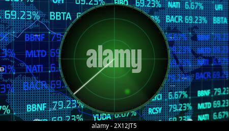 Immagine dei bersagli sullo schermo del radar sopra il grafico a barre, quadrati che formano mappe contro il trading board Foto Stock