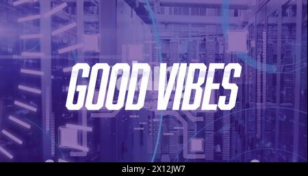Immagine dell'elaborazione di testo e dati di buone vibrazioni nella sala server Foto Stock