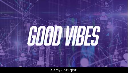 Immagine del testo di buone vibrazioni con la rete di connessioni ed elaborazione dei dati nella sala server Foto Stock