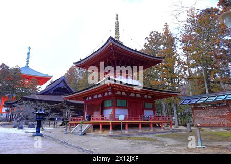 Tempio nell'area di Kongobu-ji Danjo Garan, uno storico complesso di templi buddisti a Koyasan, Koya, distretto di Ito, Wakayama, Giappone Foto Stock