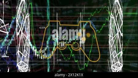 Immagine del controller di gioco su più grafici e punti collegati che formano forme geometriche Foto Stock