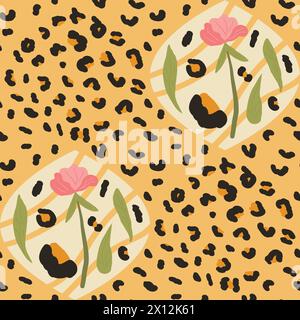 Collage con motivo leopardato e fiore senza cuciture. La pelle di animali e i supporti floreali misti stampano uno sfondo senza fine. Esotica copertina selvaggia. sim spot stilizzati Illustrazione Vettoriale