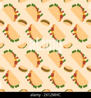 Motivo Taco senza cuciture. Fast food messicano tradizionale, sfondo infinito. Illustrazione piatta vettoriale. Illustrazione Vettoriale