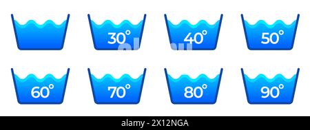 Icona temperatura lavaggio macchina. Semplice pittogramma per lavatrice, istruzioni per la cura del tessuto. Set isolato vettoriale Illustrazione Vettoriale