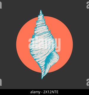 Il cono conchiglia è disegnato a mano con una silhouette stilizzata su sfondo rosso, rotondo e scuro. Icona, logo, emblema. Illustrazione vettoriale Illustrazione Vettoriale