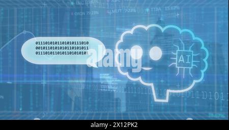 Immagine del testo dell'intelligenza artificiale in cloud su codici binari, linguaggio informatico, mappa, trading board su edifici Foto Stock