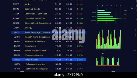 Immagine di grafici multicolore e trading board su sfondo nero Foto Stock