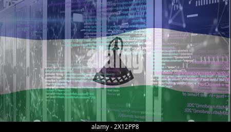 Immagine della bandiera del lesotho sul linguaggio informatico contro i punti collegati nella sala server Foto Stock