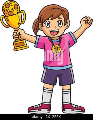 Ragazza con Trofeo di calcio e Medal Cartoon Clipart Illustrazione Vettoriale