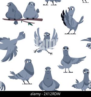 Schema dei piccioni cartoni animati. Stampa senza cuciture di graziosi uccelli in pose e azioni diverse, colomba bianca e grigia domestica e selvatica. Trama vettoriale Illustrazione Vettoriale