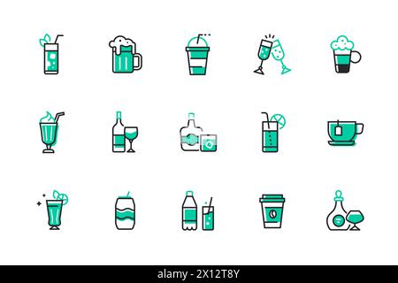 Bevande e menu deliziosi - set di icone di stile design di linea Illustrazione Vettoriale