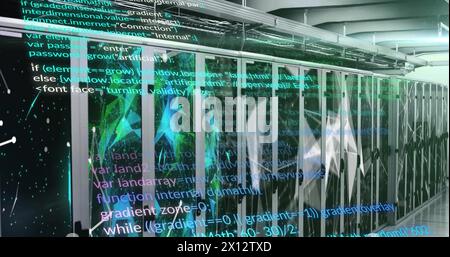 Immagine del linguaggio del computer, dei punti connessi e dei sistemi server di dati nella sala server Foto Stock