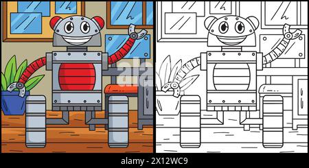 Illustrazione della pagina di colorazione del robot con ruote Illustrazione Vettoriale