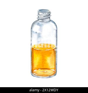 Flacone in vetro con olio per la pelle. Illustrazione ad acquerello disegnata a mano del contenitore con prodotto naturale per la cura del corpo isolato sullo sfondo. Foto Stock