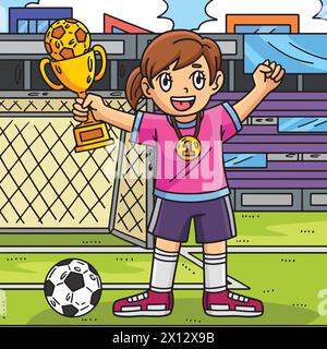 Ragazza con trofeo di calcio e cartone animato colorato con medaglia Illustrazione Vettoriale