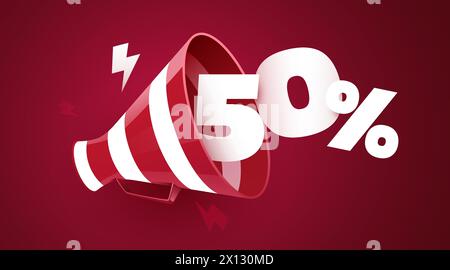 sconto del 50%. Banner di vendita con megafono 3D. Illustrazione vettoriale Illustrazione Vettoriale
