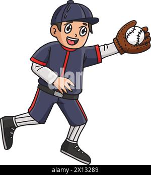 Ragazzo che cattura Baseball Cartoon Colored Clipart Illustrazione Vettoriale