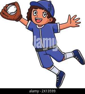 Ragazza Fielder che cattura Baseball Cartoon Clipart Illustrazione Vettoriale