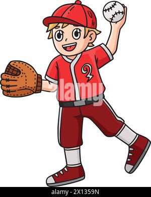 Baseball Boy Pitching Cartoon Colored Clipart Illustrazione Vettoriale