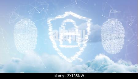Immagine delle icone di lucchetto e impronte digitali con una rete di connessioni in cielo con nuvole Foto Stock